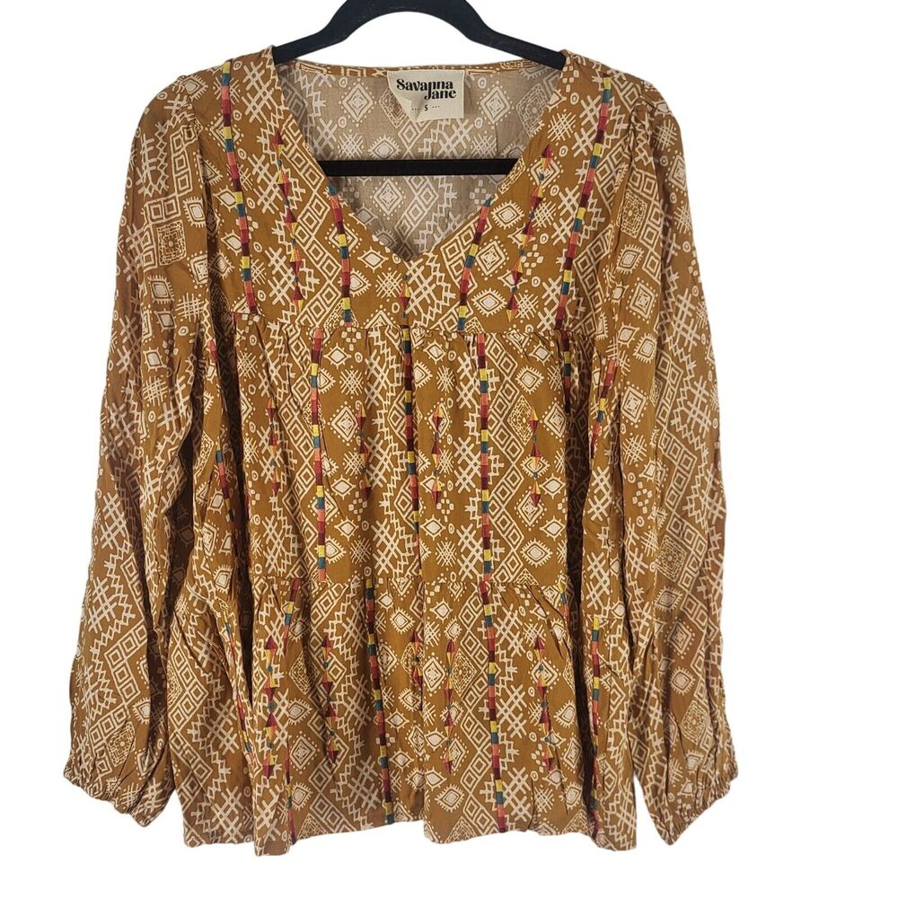 Savanna Jane Long Sleeve Top S Womens V Neck Pullover Embroidered BOHO Blouse